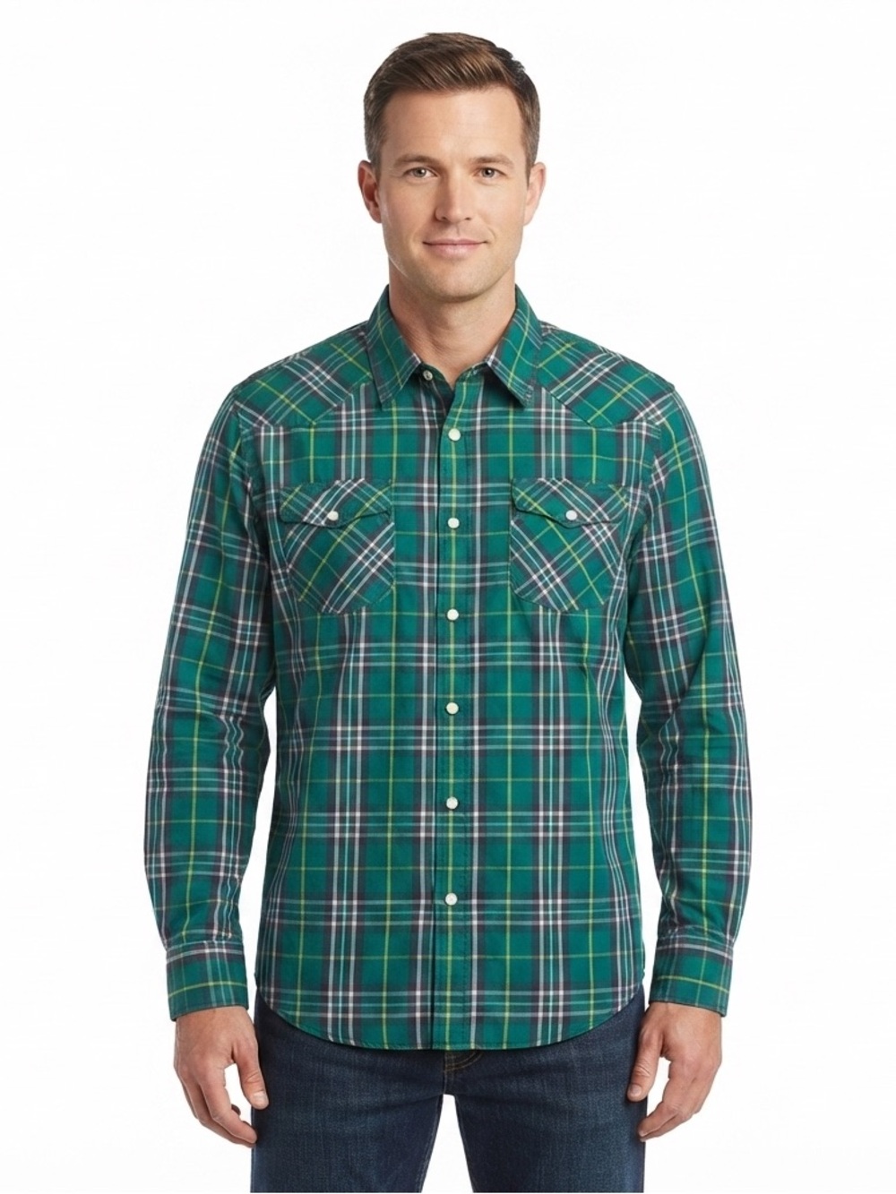 Haggar Pearl Snap Green and White Plaid Down Shirt XL